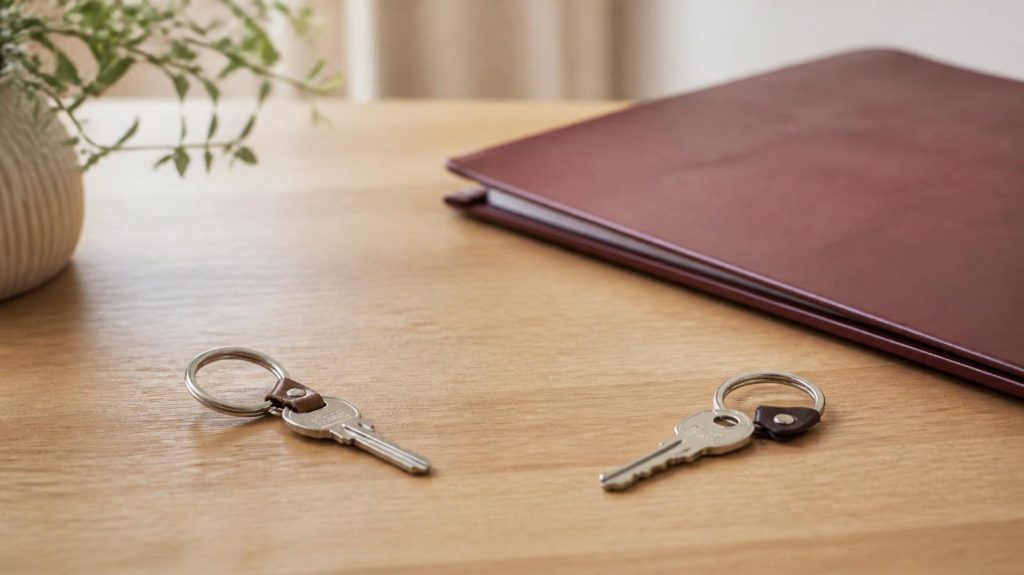 Deux clés séparées posées à côté d’un dossier sur une table, illustrant le partage du logement lors d’un divorce