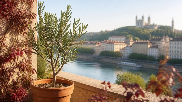 Jeune olivier en pot sur un balcon dominant la Saône et la colline de Fourvière à Lyon, symbole de la transmission du patrimoine