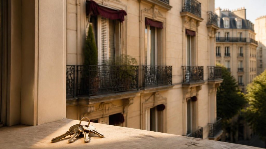 Trousseau de clés sur le rebord d’une fenêtre face à un immeuble haussmannien, pour un achat ou une vente immobilière à Lyon