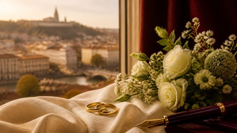 Alliances et bouquet de fleurs blanches près d’une fenêtre donnant sur Lyon, pour un contrat de mariage ou un PACS chez le notaire
