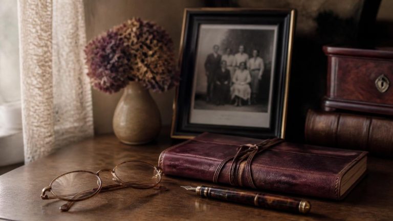 Photo de famille ancienne, carnet et stylo plume sur un bureau, évoquant le règlement d’une succession chez le notaire